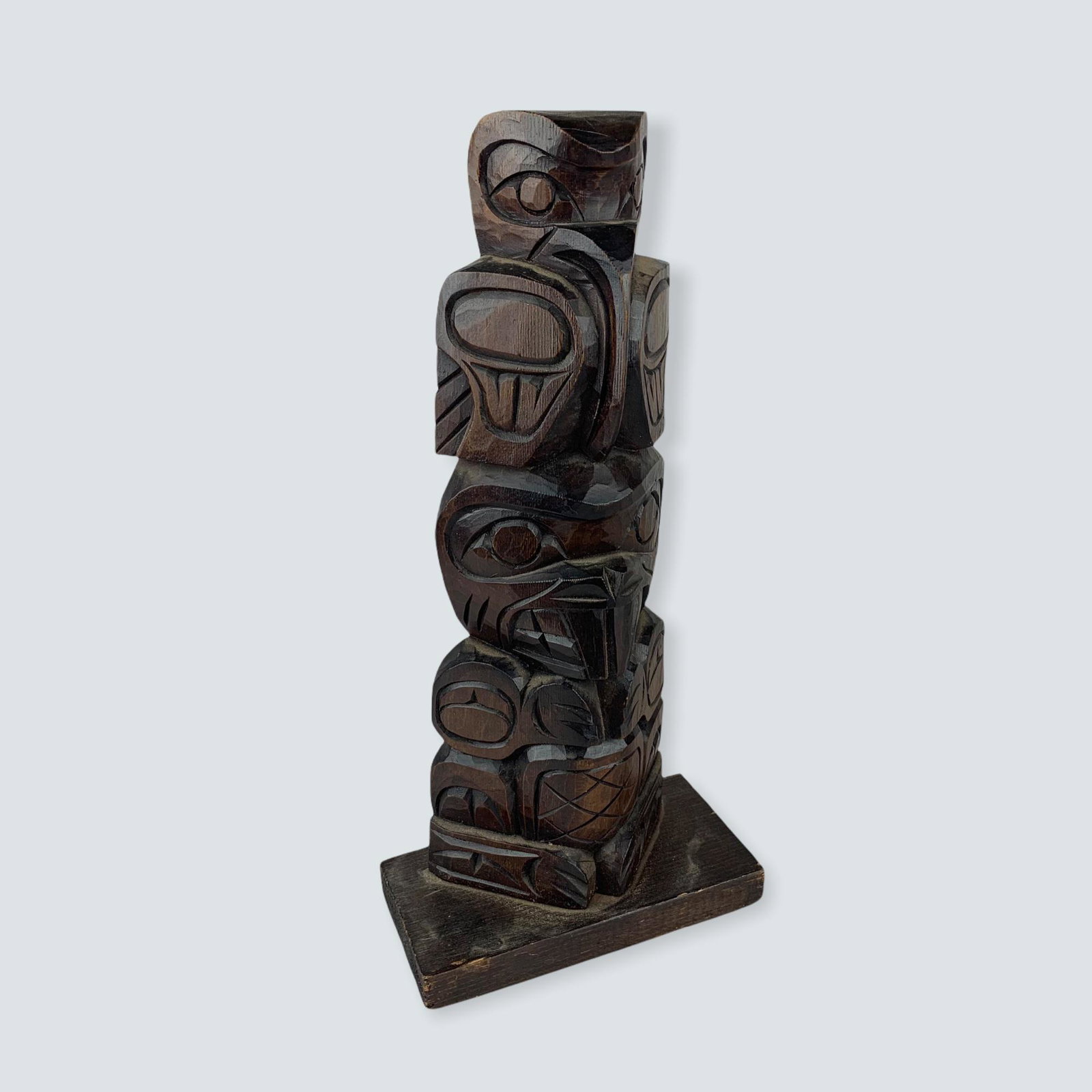 Carved Beaver & Raven Totem By Pat Natrall: A 12 1/2 carved beaver & raven totem pole carved by Pat Natrall., Good