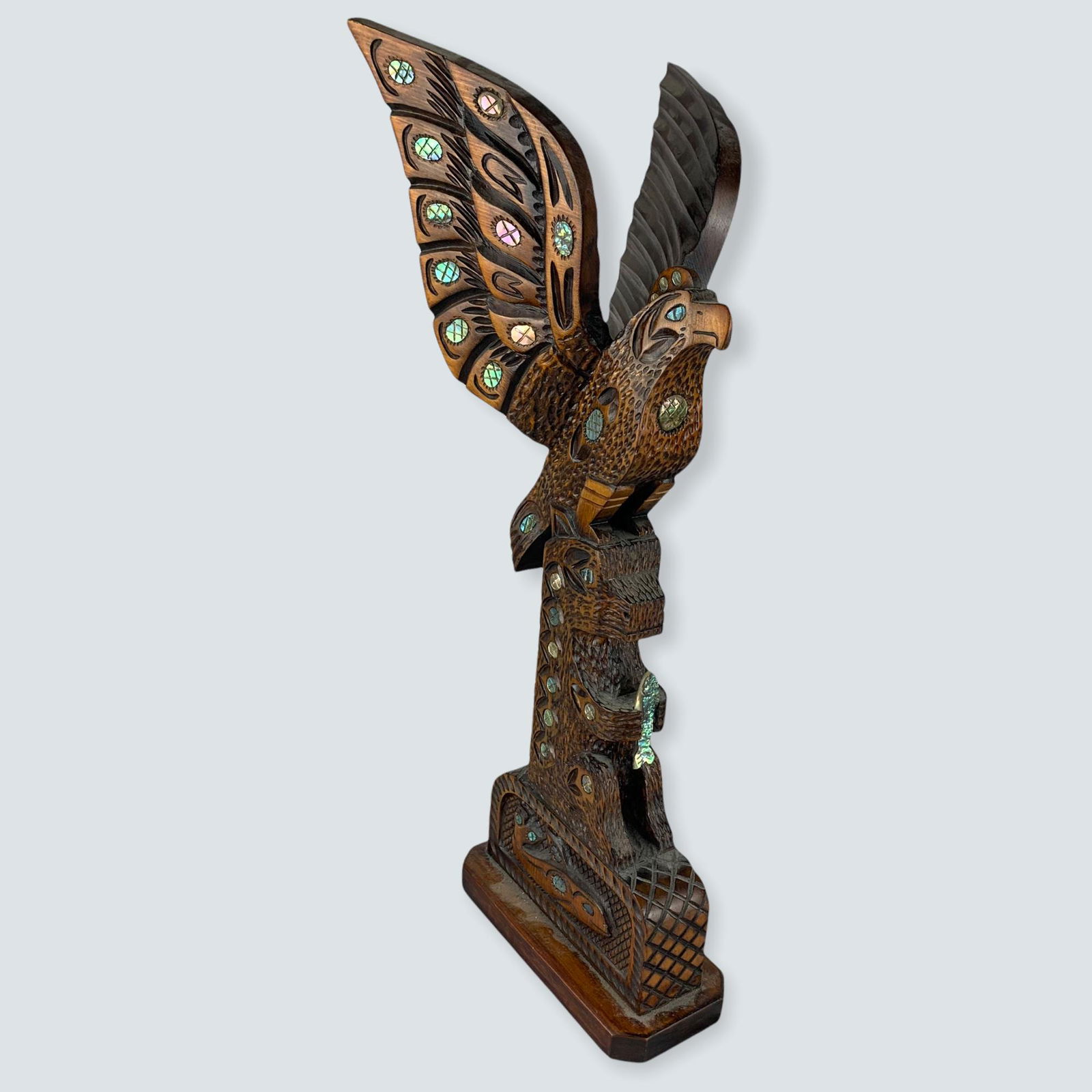 Fantastic Lg. Carved Totem by Bill Recalma 20, Inlaid: Wow ! A great 20 carved totem pole with abalone inlay ! Eagle-Bear-Killer Whale. Carved by Bill Recalma, B.C., circa 1977 , Fantastic