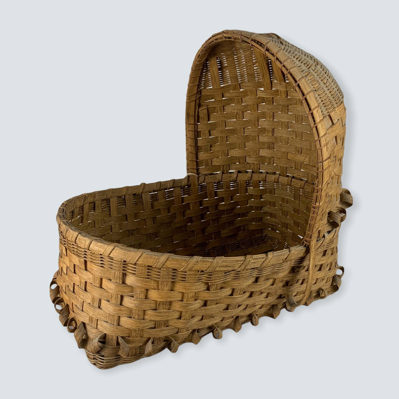 Woodlands Splint Basketry Doll Cradle: A unique woodlands basketry doll cradle. 15 x 12 x 15 tall. Circa 1985, Excellent