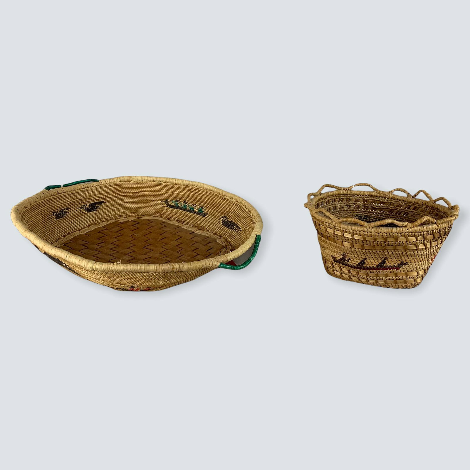 2 Nootka/Makah Figural Baskets: [1] Makah tray with whalers-whale-and birds, with plated cedar bark bottom. 13 x 11 x 3. Excellent, 1970â€™s. Plus [2] Makah basket with whaling figures, ands rim loops. 7 1/2 by 3 1/2. Excellent
