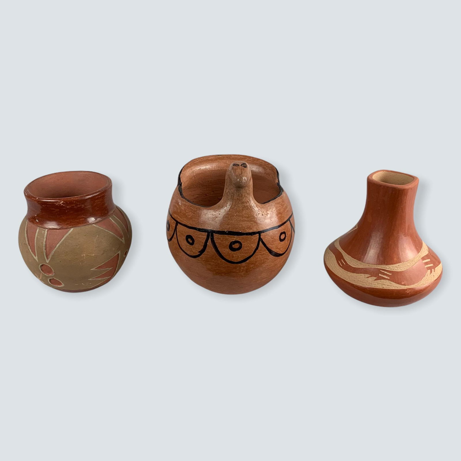3 Pueblo Pottery Vessels. Jemez-Maricopa-Santa Clara (1 of 2)