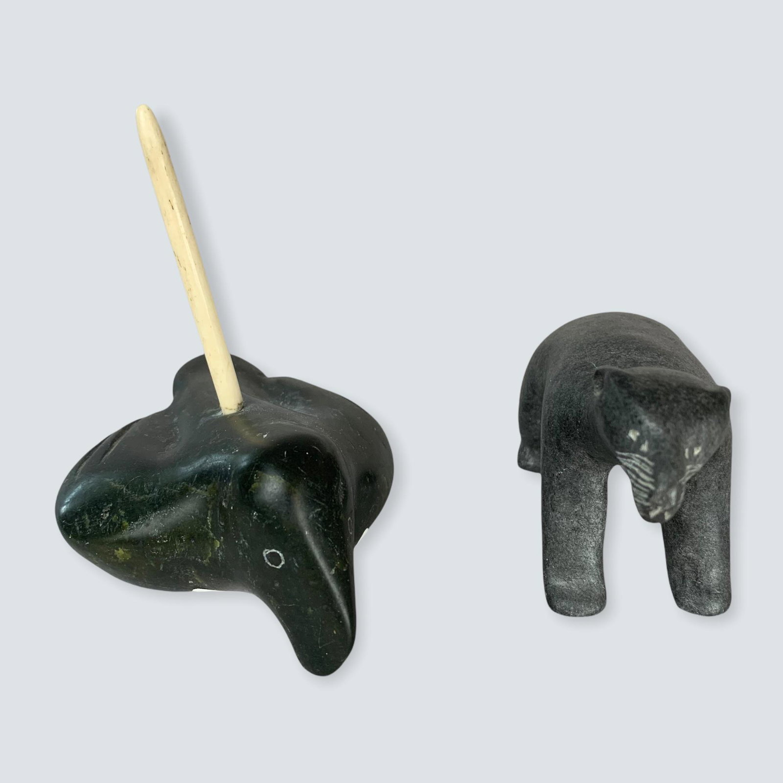 Carved Soapstone Bird with Bone Spike, and Signed Stone: Lot includes a carved stone bird with bone spike coming out of top. 4 1/2 long and a carved stone bear. 4 , signed Simon Luuku.