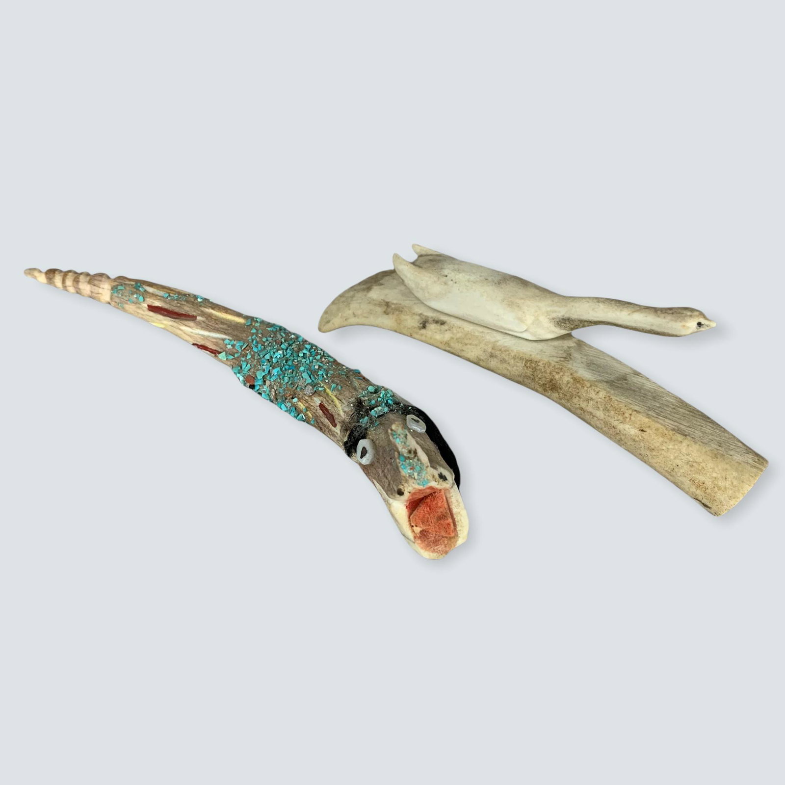 Bone Carved Swan on Base and Bone Carved Snake with: An interesting pair of carved bone pieces. A carved swan Lon. A 6 base & a 7 snake with turquoise chips adornments.