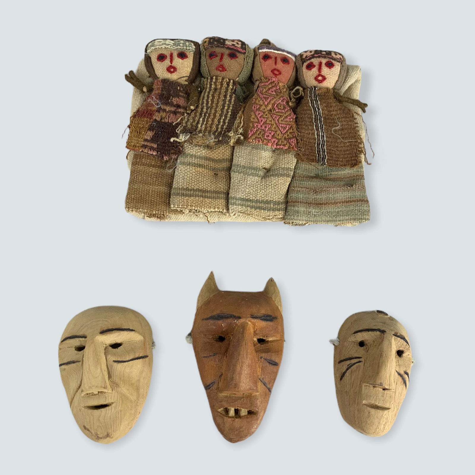 3 Miniature Wood Masks and Row of 4 Peruvian Cloth (1 of 1)