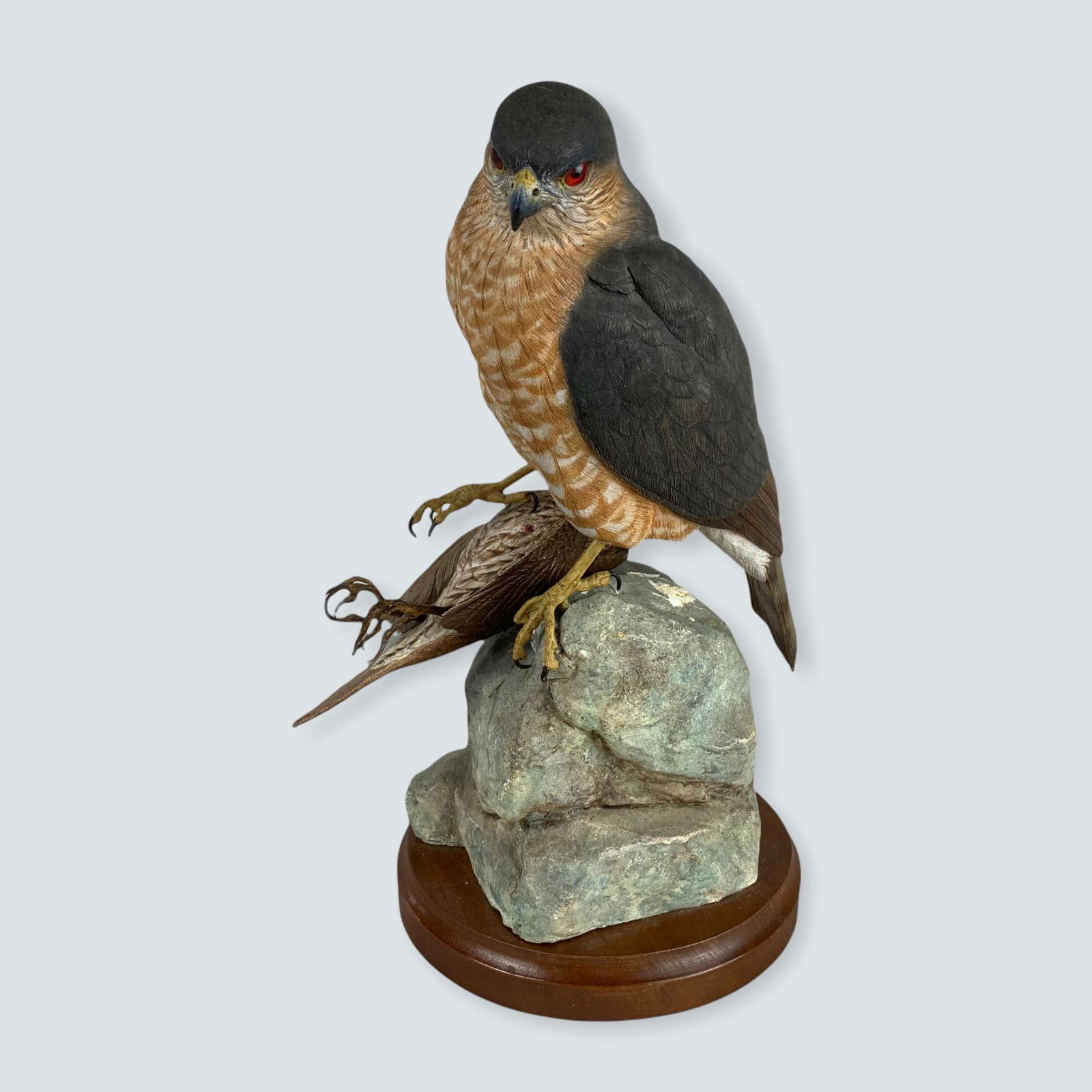Great Hawk Perched over Prey on Rock Signed Carving (1 of 2)