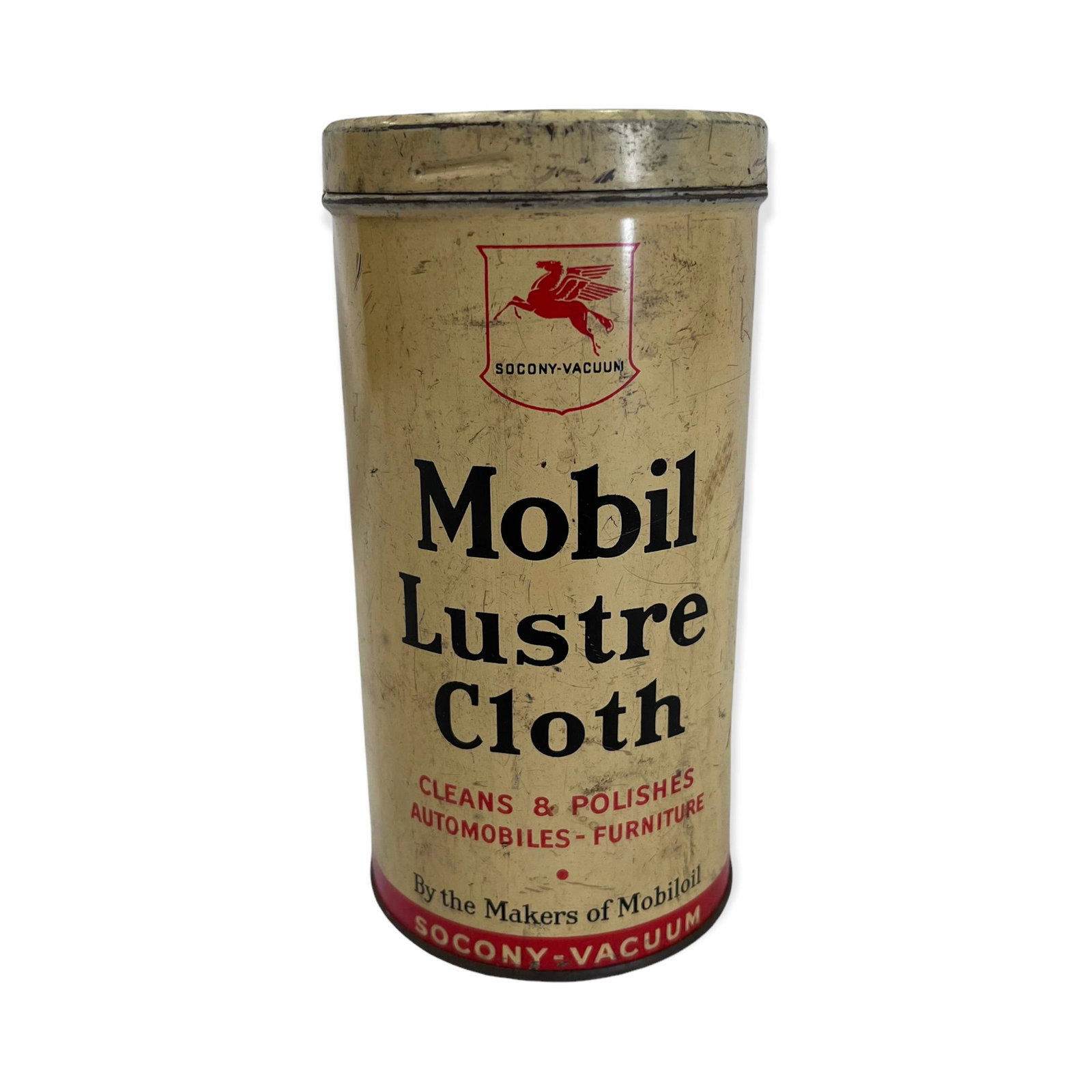 Mobil Lustre Cloth Can: Round Mobil Lustre Cloth can with nice graphics. Please view pictures for a detailed overview of condition.
