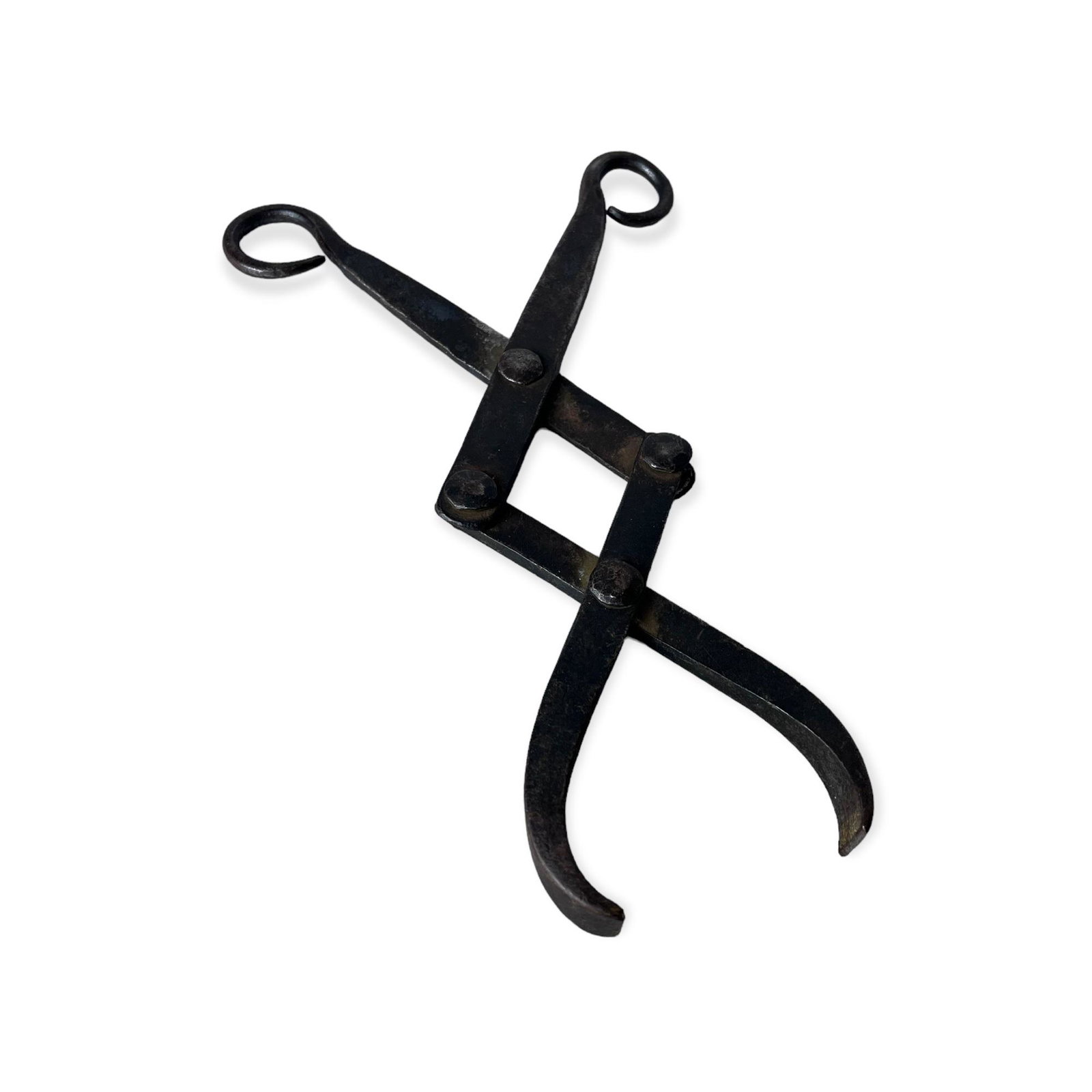 19th Century Hand Forged Collapsible Tongs: Early pair of hand forged iron collapsible tongs. 9 1/4 inch long. Collapses down to 3 3/4 inch. Excellent original condition.