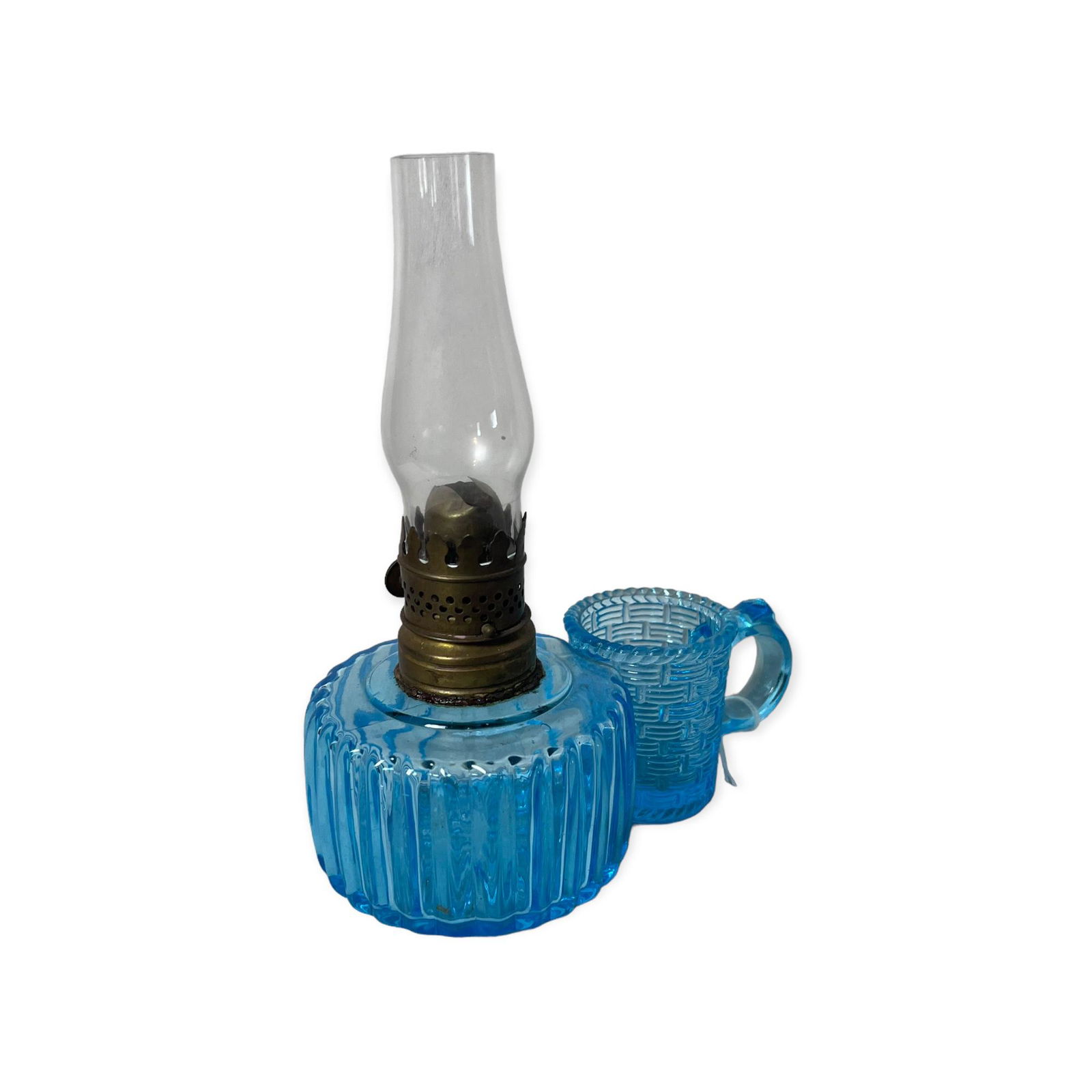 Rare Blue Miniature Oil Lamp With Attached Match Holder (1 of 2)