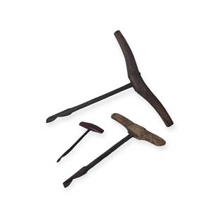 3 Piece Early Lot of Augers: A 18 inch hand forged auger , a 14 inch long early hand forged auger and a 8 1/2 inch early hand forged auger. All early tools