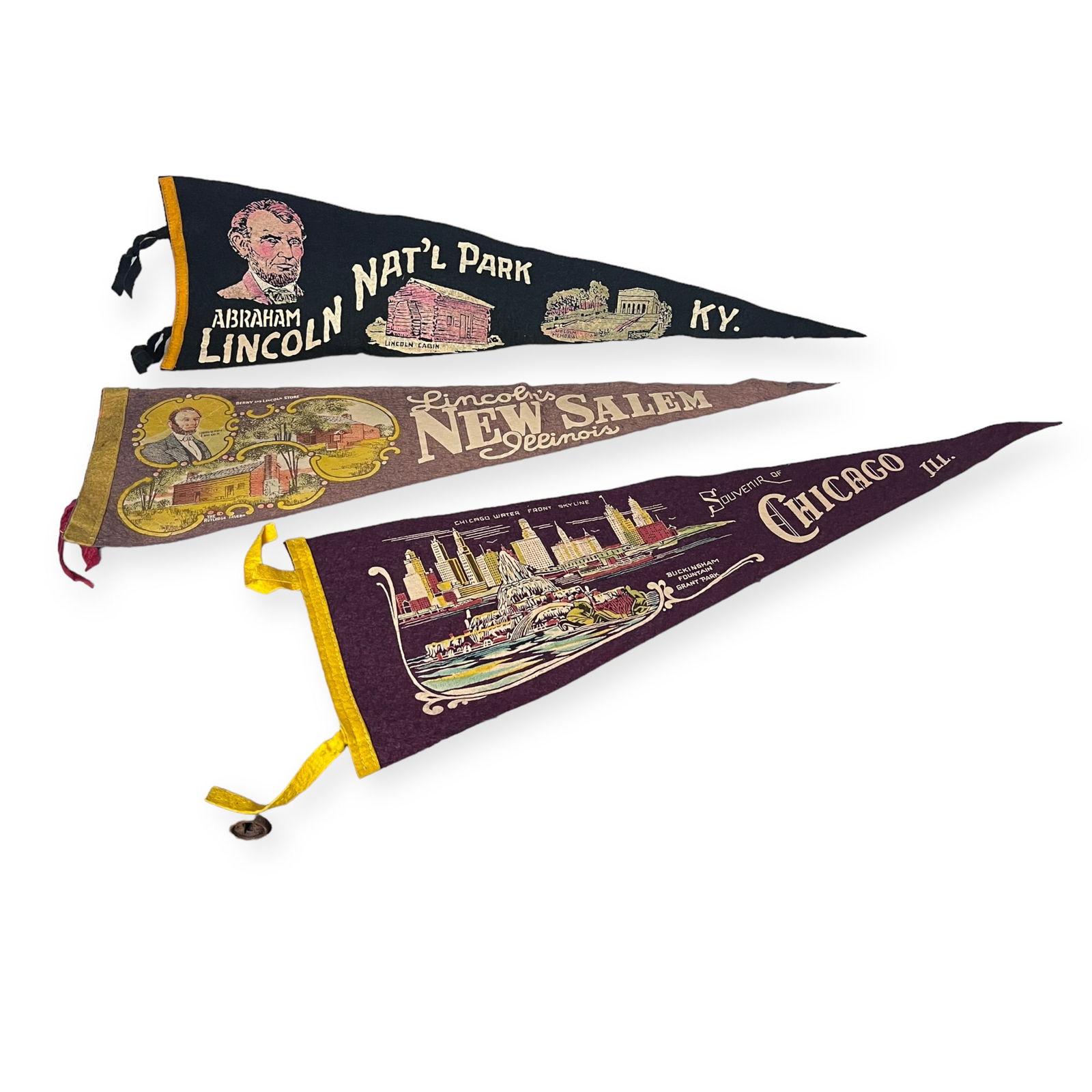 Vintage Lot of 3 Pennants Banners Lincoln, Chicago, (1 of 1)