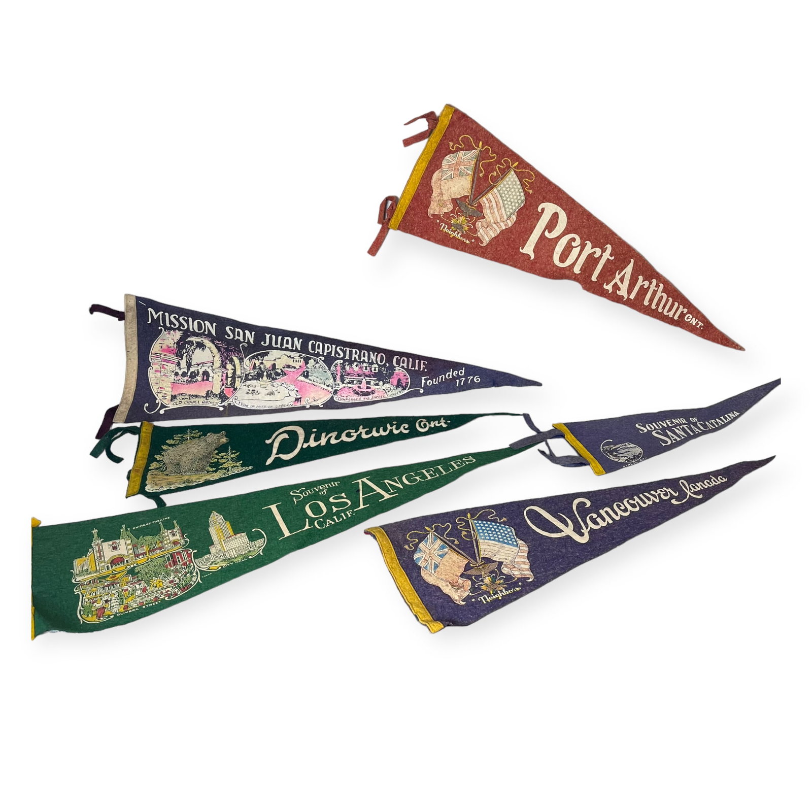 Vintage Lot mof 6 California and Canada Pennants Banners: Lotr of 6 pennants banners. 3 from California an d 3 from Canada. Sizes from 26 to 14 inches. Nice lot