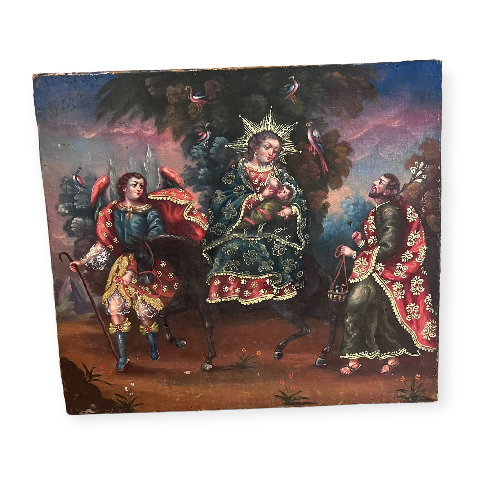 Peruvian Spanish Colonial Cusco Painting: Late 18th century, to early 19th century. Relined. Measures 16 x 14.