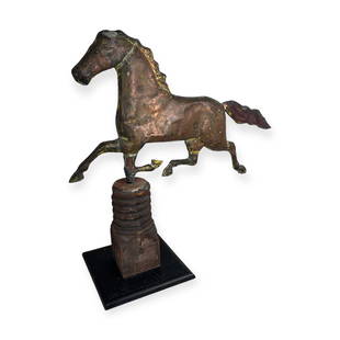 Swell Bodied Copper Running Horse Weathervane: A very nice swell bodied copper horse weathervane with a custom made stand. The horse has remnants of yellow paint throughout, and has had some earlier repairs specifically to the horses neck and