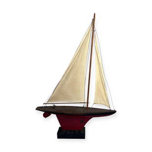 Keystone Jacrim Hollow Pond Boat: Measures 30 inches tall x 19.5 inches approx. Original Keystone label still intact. Wooden, hollow, with red and black paint. Some minor paint loss. Metal rudders.