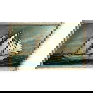 Half Ship Diorama on Board: An early ship diorama on board with early original paint. Great colors. Some minor areas of breakage to the sailboat, but overall, has survived in fair condition. Measures 22 3/4 inches x 14.5 inches.