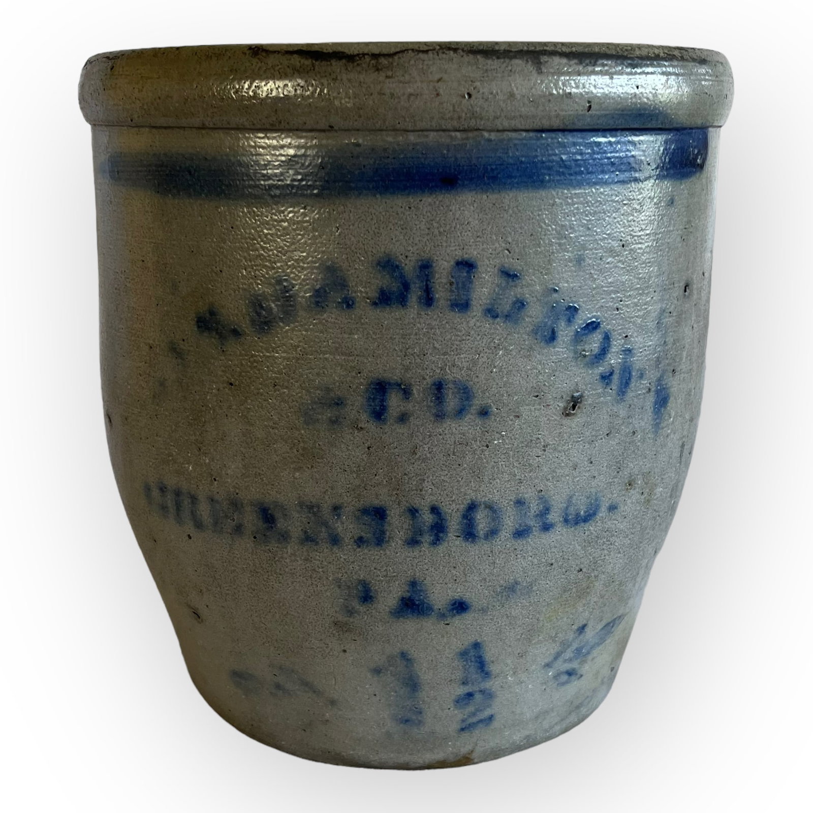 Stenciled 1 1/2 Gallon PA Jar: Here is a nice stenciled 1 1/2 gallon Jas. Hamilton/Greensboro, PA jar. The jar features one solid cobalt blue stripe across the top, with the stenciled Hamilton lettering bellow. The jar is in good o
