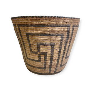 Early Pima Basket: Pima geometric design larger basket, Early 1900's. Measures 7 inches tall x 9 inches in diameter at top rim.