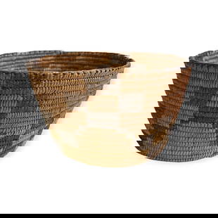 Pima Basket Bowl: Pima geometric design basket. Herringbone rim. Early 1900's. Measures 3.5 inches tall x 6.5 inches wide at rim.