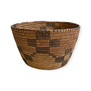 Pima Basket Bowl: Pima geometric design basket. Herringbone rim. Early 1900's. Measures 3.5 inches tall x 6.5 inches wide at rim.