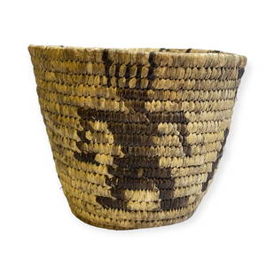 Miniature Southwest Figural Indian Basket: A small Southwest Native American figural basket featuring 4 figures around the basket. Measures 5 inches tall x 5 1/2 inches in diameter.