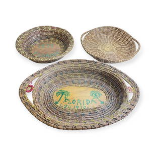 Lot 3 Seminole Pine Needle Baskets: Three Seminole pine needle baskets and a Northwest coast Indian basket covered jar. Pine needle baskets excellent , basket covered jar has rip to basketry at rim. Basketry is complete on jar and when