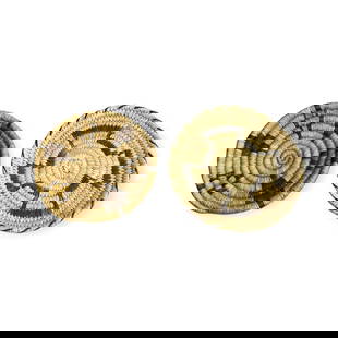 Pair of Miniature Hopi Coiled Plaques/Trays: A pair of small Hopi coiled basket trays. Each measuring between 5 to 6 inches in diameter.