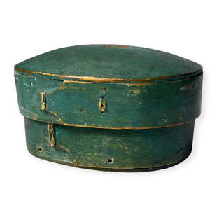 Mid 19th Century Oval Pantry Box in Original Paint: Wonderful covered oval pantry box in great original green paint. 6 x 5 x 3 1/2 tall. Finger lapped laced sides. POS initials on bottom. Excellent condition