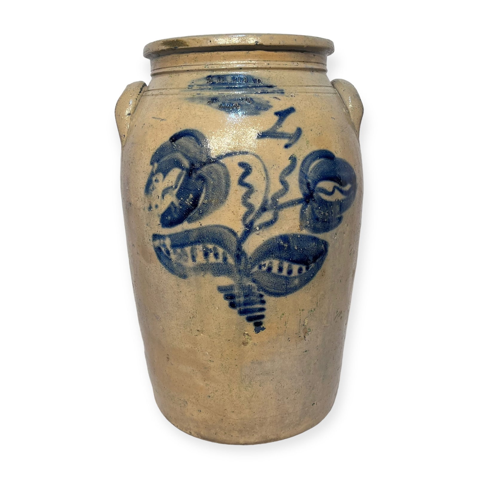 Decorated Ohio Churn (I.M. Mead/Mogadore, Ohio): A 19th century Ohio churn marked I.M. Mead. Measuring 16 inches tall with an incredible cobalt decoration. With condition however, as hairline cracks are present to the back and around the base of the
