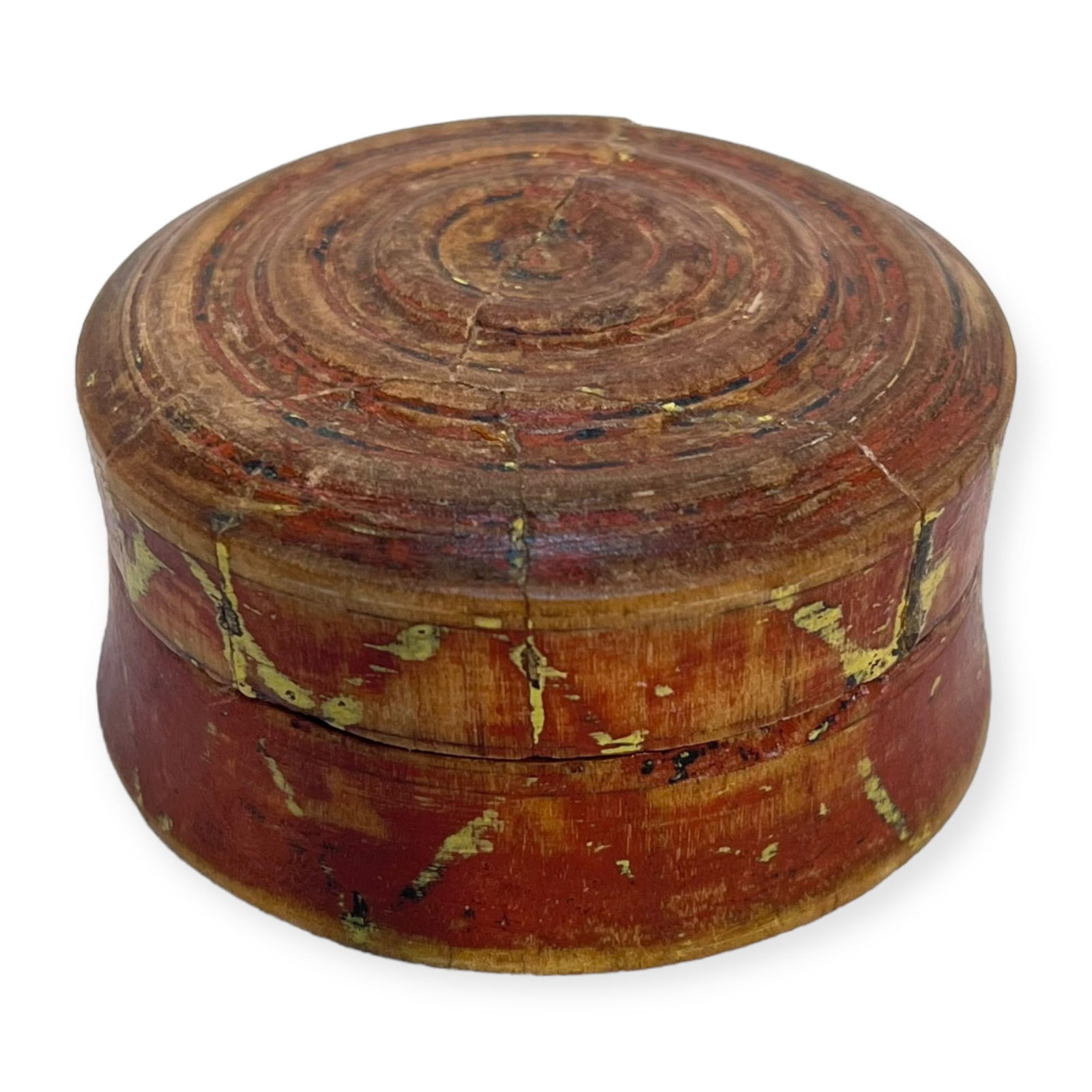 Small Treenware Pill Box: A nice paint decorated treenware pill box with some early breaks that have been glued. Red and yellow paint decoration. Measures approx 2 1/4 inches x 1 1/4 inches.