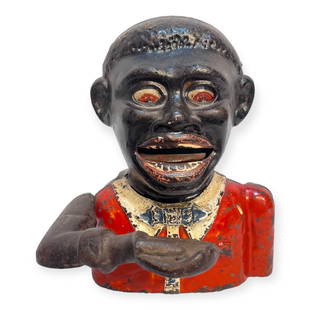 Jolly Black Americana Cast Iron Bank: Good original paint, some wear as pictured. Measures approx 15 cm in height.