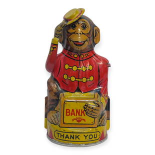 1930s J. Chein & Co Circus Monkey Coin Bank: Measures approx 6 inches tall.