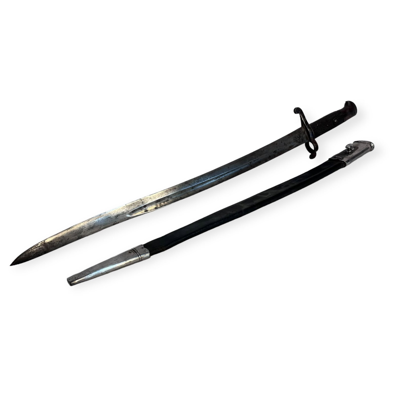 Long Bayonet & Scabbard: Marked but illegible. Leather scabbard with silver tips. Blade measures 22.5 inches long.