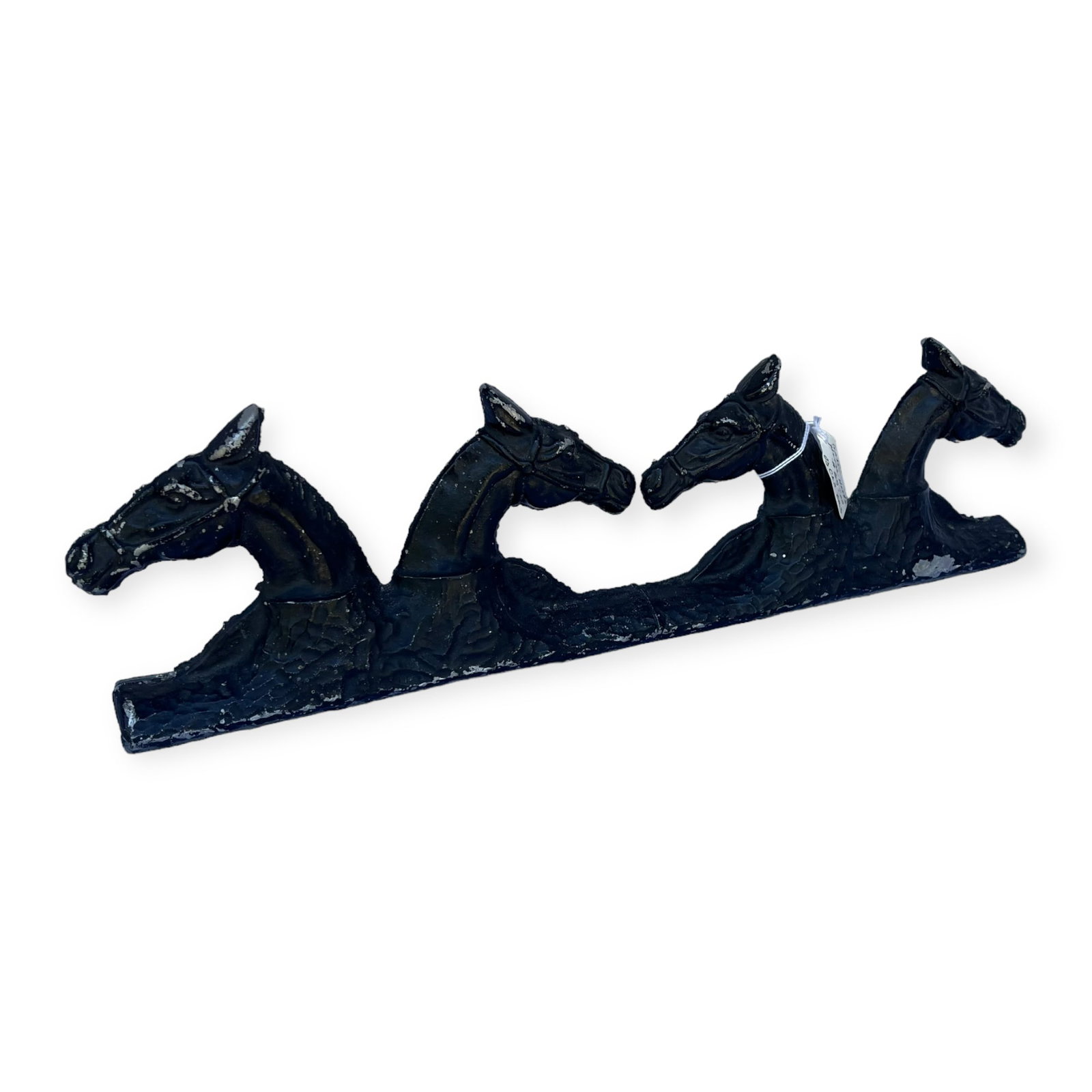Unusual Four Horse Heads Metal Gate Topper: Cool metal gate topper. Four horse heads. 18 inch long x 5 tall. Painted black. No damage.