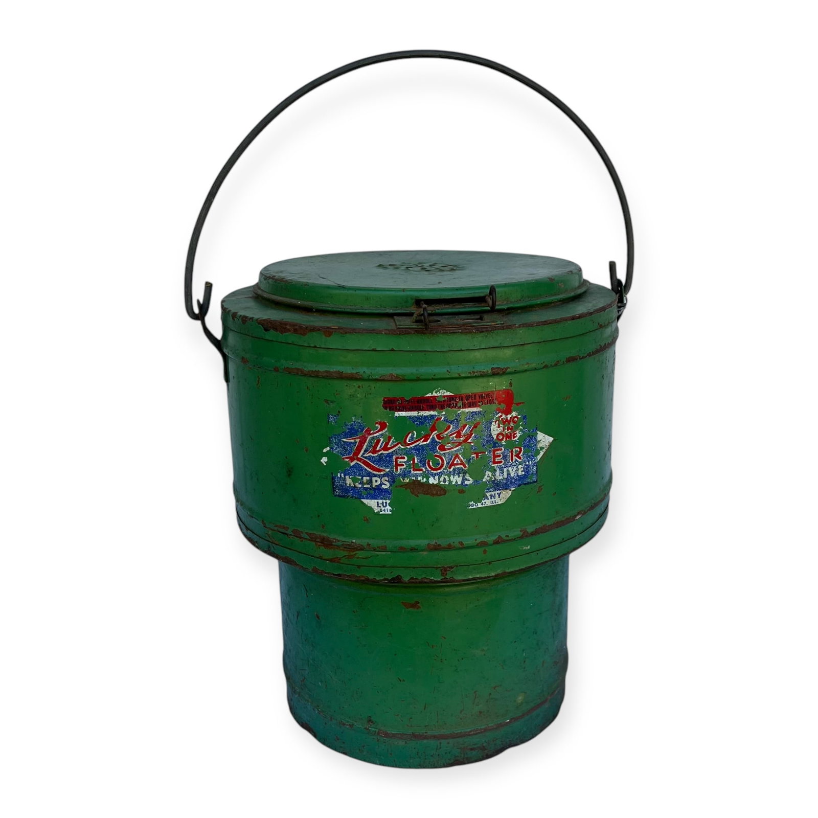Vintage Lucky Floater Minnow Bucket: Nice vintage tin Lucky Floater minnow bucket. 11 tall x 9 wide without handle. Original paint. Some surface wear from use and age.
