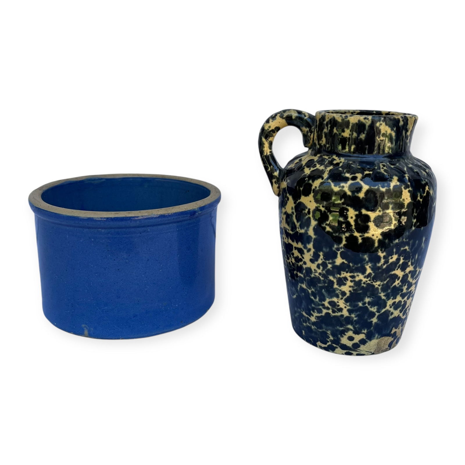 A Blue Sponge Syrup Pitcher & a Blue Butter Crock (1 of 2)