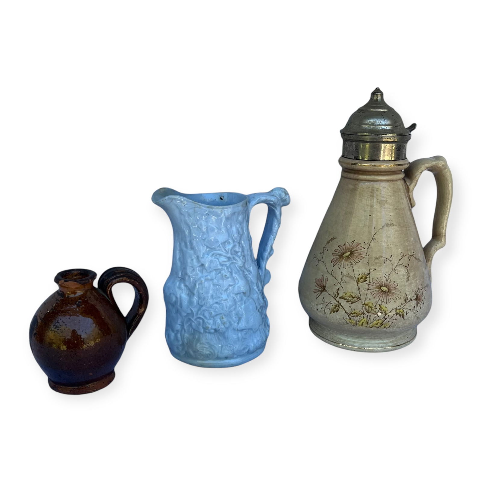 19th C Ironstone Pitcher, Cream Pitcher, and Redware Jug (1 of 2)