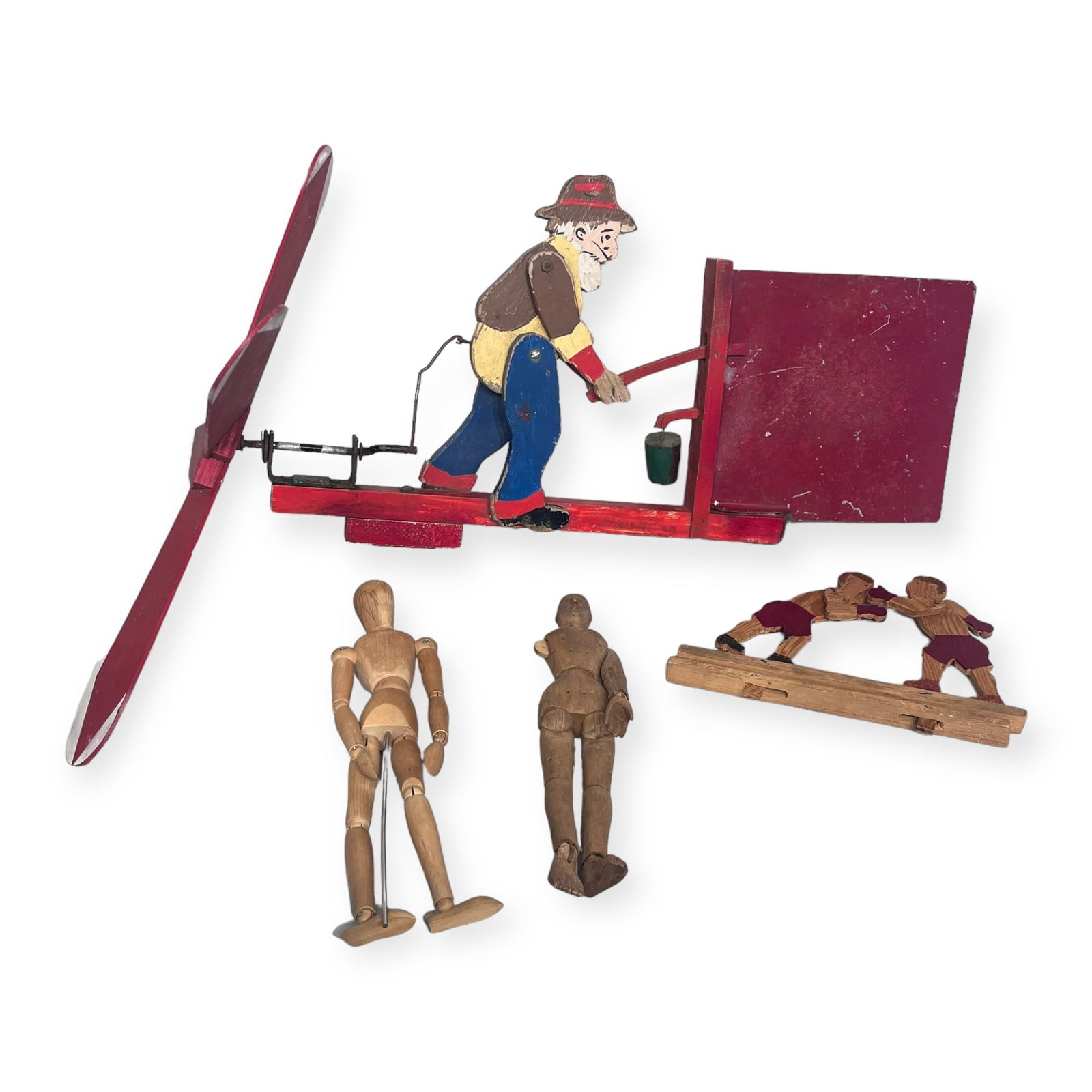 Lot Of Whirligig Wood Boxers Toy & 2 Wood Jointed Dolls (1 of 1)