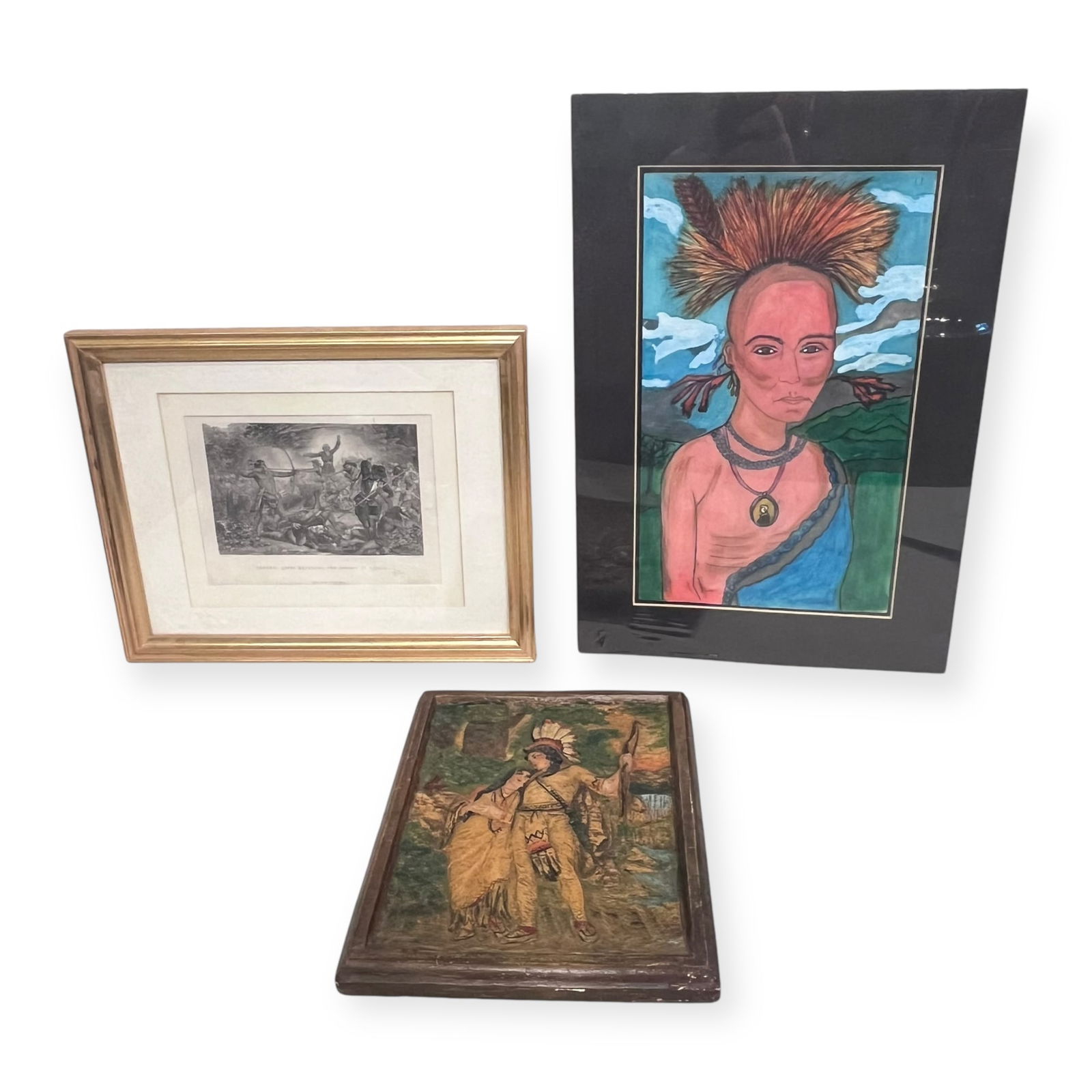 Three Native American Indian Related Pictures: A 12 x 8 1/2 colorful plaster plaque of Indian chief and squaw - An Indian battle scene etching, 14 x 11 frame size -plus a 14 mx 8 1/2 Indian watercolor. All 3 great condition