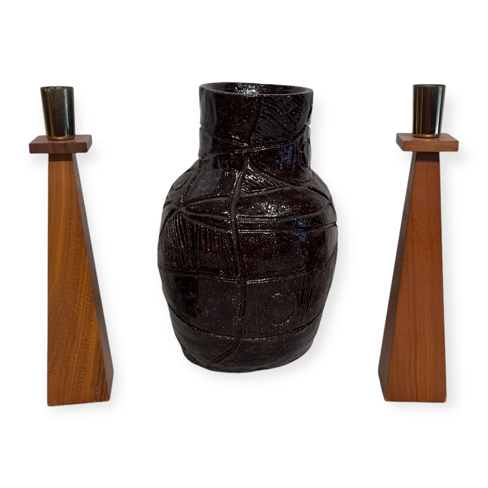 Pair of MCM Custom Art Candle Holders and a MCM Pottery Vase (1 of 1)
