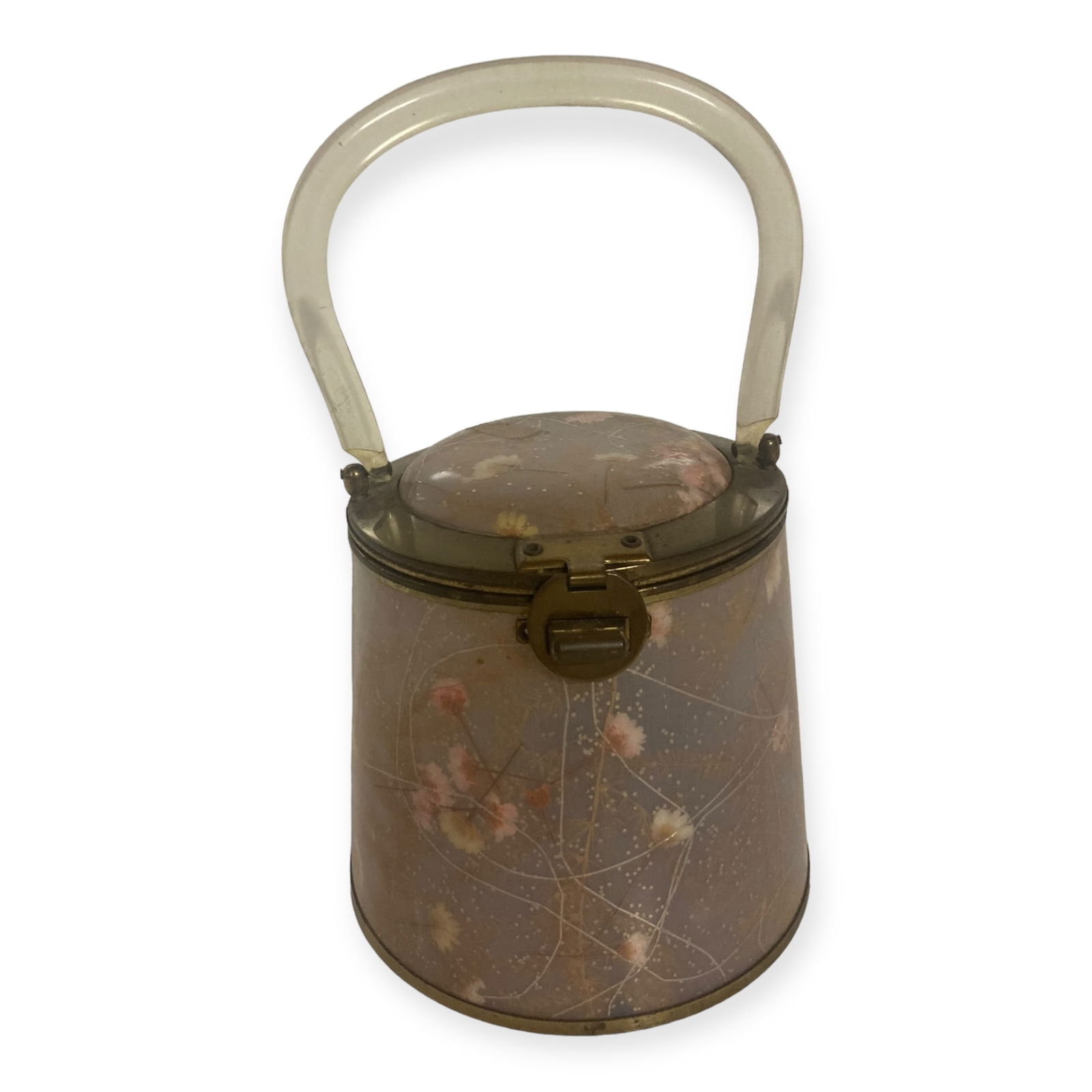 MCM Lucite Purse: A cool MCM Lucite ? floral decorated plastic handles purse. 9 tall to top when handle is up. Metal rimmed lid with metal clasp. Very unique and cool.