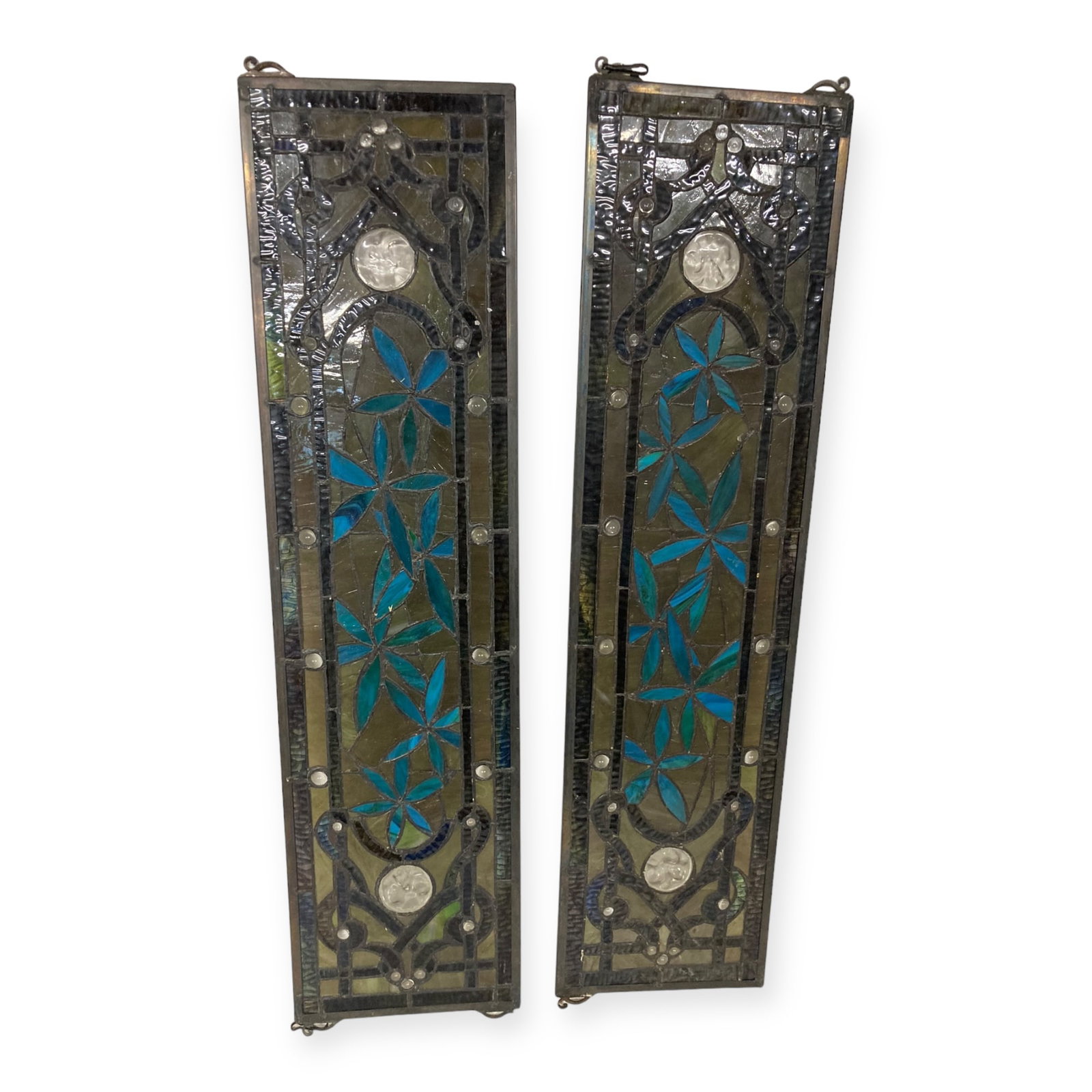 Pair Of Colorful Leaded Glass Panels 36 x 9: Pair of colorful leaded glass panels. 36 x 9 inches each. Both in very good condition