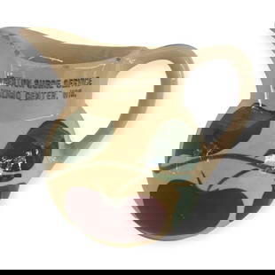 Original Wattsware No. 62 Advertising Creamer: Good original Wattsware No. 62 small advertising creamer. " Preston Surge Service Richland Center Wis.".Apple pattern Excellent color with minor glaze nicking around top rim.