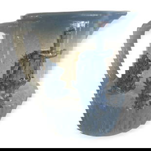 Blue & White Stoneware Dutch Windmill Pitcher: Vintage Blue & White stoneware crockery Dutch Mill pitcher. with raised tulips around base. Bold color and design. In excellent original condition , 7 inch.