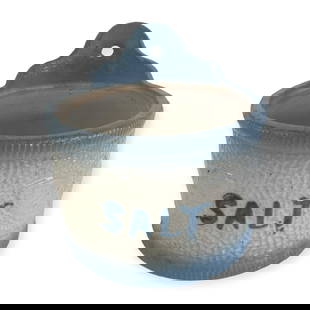 Blue & White Stoneware Butterfly Hanging Salt Box: Vintage Blue & white stoneware crockery hanging salt box. Embossed butterflies and word Salt. 6 inch wide x 6 to top of back. Excellent color and condition