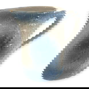 Blue & White Stoneware Apricots Pitcher: Vintage Blue & White stoneware crockery Apricots pitcher. 8 1/2 inches tall. Good design and color. 2 chips on pour lip otherwise good.