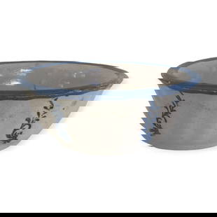 Blue & White Stoneware 6 1/2 Inch Bowl: Vintage 6 1/2 inch blue & white crockery stoneware bowl. Blue rim and blue designs on side. Excellent condition