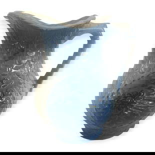 Blue & White Stoneware Sm. Rosses Pitcher: Vintage Blue & White stoneware crockery small roses with fish scale background pitcher. 7 tall. Excellent original condition