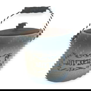 Blue & White Stoneware Butter Tub With Lid: Vintage blue & white stoneware crockery butter tub with bail handle. 6 inches tall without bail. Retains the original wire bail handle. Newer wood lid . Tub is in excellent original condition