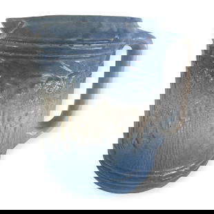 Blue & White Stoneware Avenue of Trees Pitcher: Vintage Blue & White stoneware crockery Avenue of Trees pitcher. 8 inches tall. Strong color. One small nick on inside of top rim.