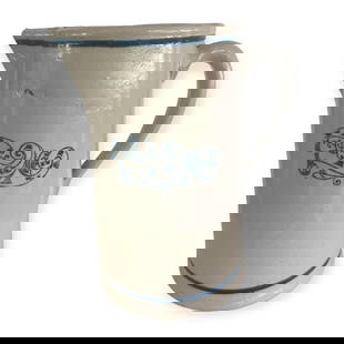 Blue & White Stoneware Stenciled Pitcher: Vintage Blue & White stoneware crockery decorated pitcher. 8 1/2 tall. Excellent condition.